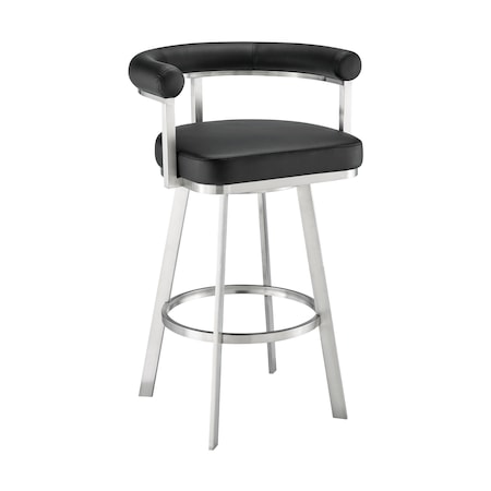 Armen Living Nolagam Swivel Counter Stool in Brushed Stainless Steel with Black Faux Leather 840254335608